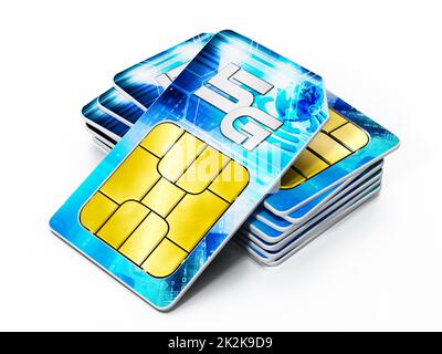 5G SIM cards isolated on white background. 3D illustration Stock Photo