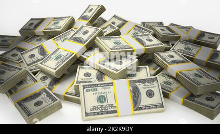 Stack of 100 dollar bills isolated on white background. 3D illustration Stock Photo