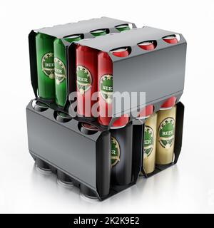 Metal beer cans in a 6 pack package. 3D illustration Stock Photo