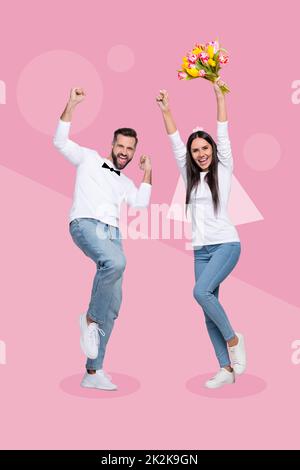 Vertical collage portrait of two excited positive married people raise fists celebrate delighted isolated on pink background Stock Photo