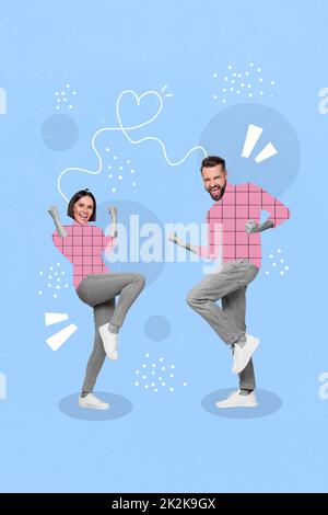 Vertical collage image of two delighted overjoyed people raise fists celebrate painted heart line connect head isolated on creative background Stock Photo