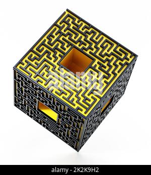 3D cube with labyrinth walls on the sides. 3D illustration Stock Photo