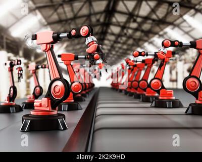 Robotic arms standing in a line inside a factory. 3D illustration Stock Photo