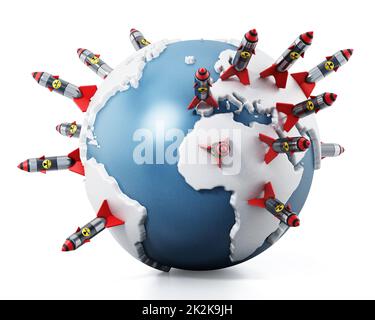 Nuclear missiles standing on world map. 3D illustration Stock Photo