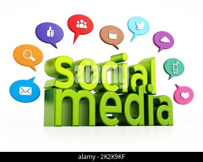 Social media concept with green text and media speech balloons. 3D illustration Stock Photo