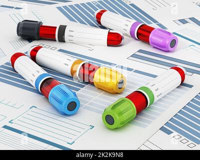 Blood vials with vibrant colored lids standing on medical forms. 3D illustration Stock Photo