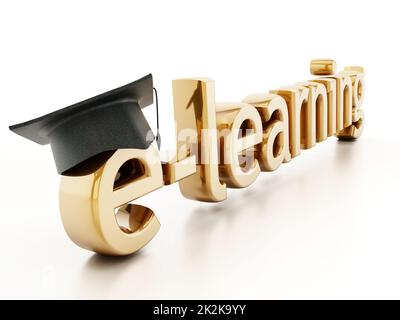 Graduation cap on letter e of e-learning word. 3D illustration Stock Photo