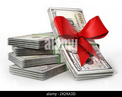 100 dollar money bills with red ribbon. 3D illustration Stock Photo