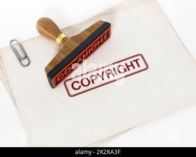 Copyright stamp standing on documents. 3D illustration Stock Photo