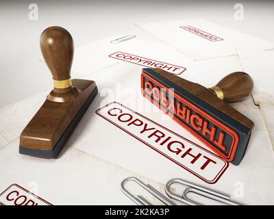 Copyright stamp standing on documents. 3D illustration Stock Photo