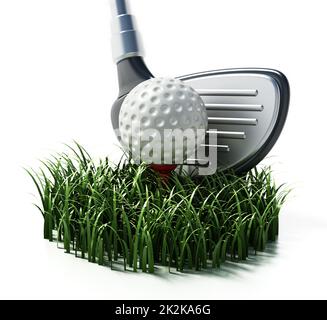 Green grass, golf club and ball isolated on white background. 3D illustration Stock Photo