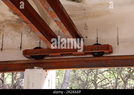 old rusty winch on rails Stock Photo