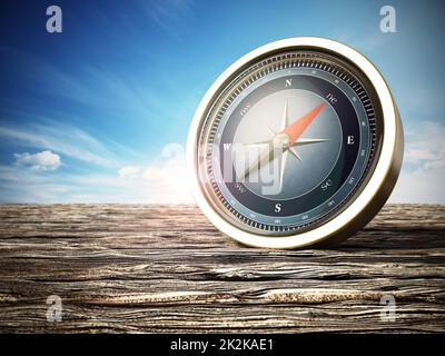 Vintage compass standing on old wood. 3D illustration Stock Photo