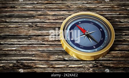 Vintage compass standing on old wood. 3D illustration Stock Photo