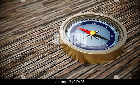 Vintage compass standing on old wood. 3D illustration Stock Photo