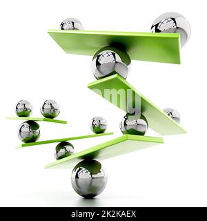 Balancing spheres standing in balance on seesaws. 3D illustration Stock Photo