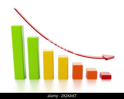 Stat bars and falling arrow showing a downward trend. 3D illustration Stock Photo