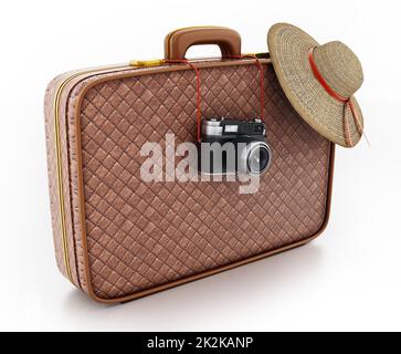 Vintage camera and women's hat hanging on suitcase. 3D illustration Stock Photo