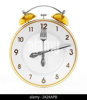 Alarm clock serving plate ith fork and knife. 3D illustration Stock Photo
