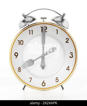 Alarm clock serving plate ith fork and knife. 3D illustration Stock Photo