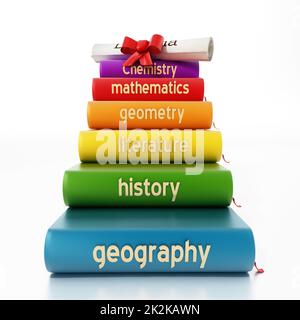 School course books forming a staircase through a diploma. 3D illustration Stock Photo