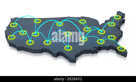 Network of travel points on usa map. 3D illustration Stock Photo