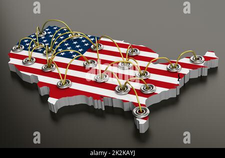 Network of travel points on usa map. 3D illustration Stock Photo