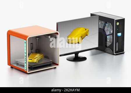 3D printer, desktop computer and screen. 3D illustration Stock Photo