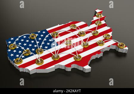 Network of travel points on usa map. 3D illustration Stock Photo