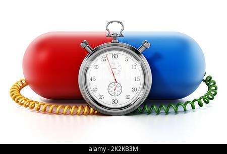Chronometer attached to red and blue capsule pill. 3D illustration Stock Photo