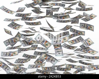 100 dollar bills falling to the ground. 3D illustration Stock Photo