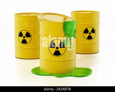 Toxic barrels with a leaking green substance. 3D illustration Stock Photo