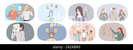 Collection of diverse people suffer from bipolar disorder Stock Photo