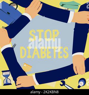 Hand writing sign Stop Diabetes. Conceptual photo Blood Sugar Level is higher than normal Inject Insulin Four Hands Drawing Holding Arm Together Showing Connection Symbol. Stock Photo