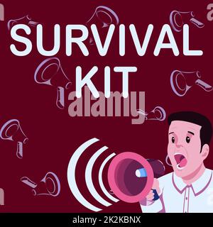 Inspiration showing sign Survival Kit. Word Written on Emergency Equipment Collection of items to help someone Businessman Talking Through Megaphone Making Wonderful New Announcement Stock Photo