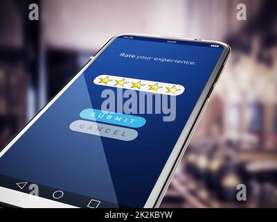 Five stars rating screen on smartphone. 3D illustration Stock Photo