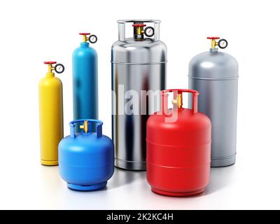 Multi-colored gas cylinders isolated on white background. 3D illustration Stock Photo
