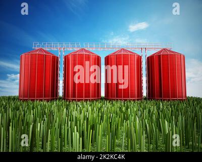 Agriculture grain silos on grass under blue sky. 3D illustration Stock Photo