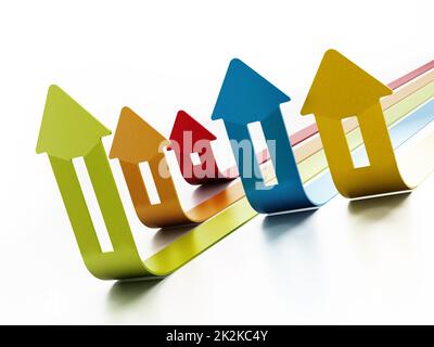 Rising house prices chart on white background. 3D illustration Stock Photo