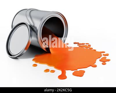 Open metal paint can with spilled orange paint.. 3D illustration Stock Photo