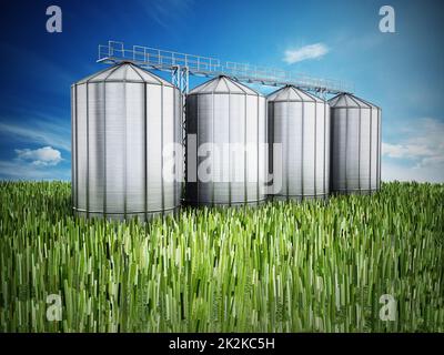 Agriculture grain silos on grass under blue sky. 3D illustration Stock Photo