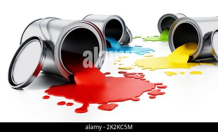 Open metal paint cans with spilled paints. 3D illustration Stock Photo