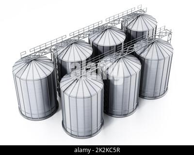 Corrugated steel grain silos isolated on white background. 3D illustration Stock Photo