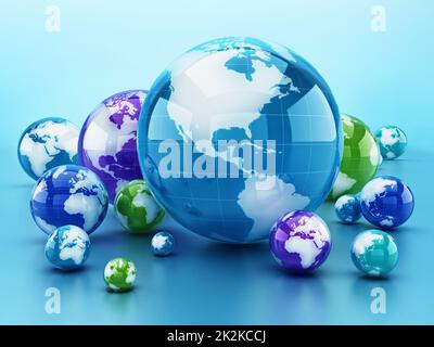 Stack of shiny globes isolated on blue background. 3D illustration Stock Photo