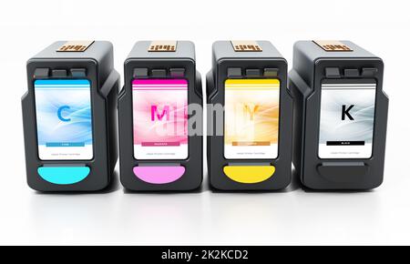 Generic inkjet printer CMYK cartridges isolated on white background. 3D illustration Stock Photo