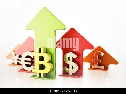 Bitcoin, dollar, euro, yen and pound symbols and rising arrows Stock Photo