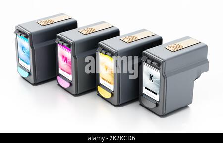 Generic inkjet printer CMYK cartridges isolated on white background. 3D illustration Stock Photo