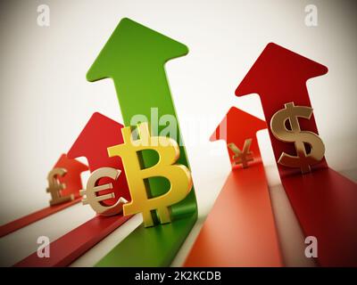 Bitcoin, dollar, euro, yen and pound symbols and rising arrows Stock Photo