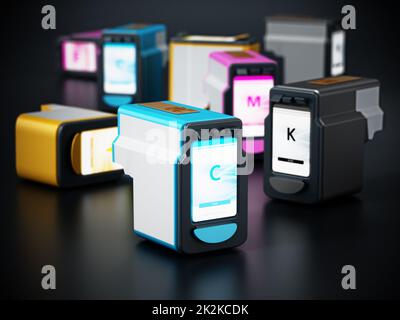 Generic inkjet printer CMYK cartridges. 3D illustration Stock Photo