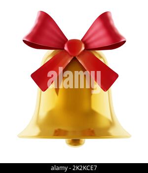 Gold bell with red ribbon isolated on white background. 3D illustration Stock Photo